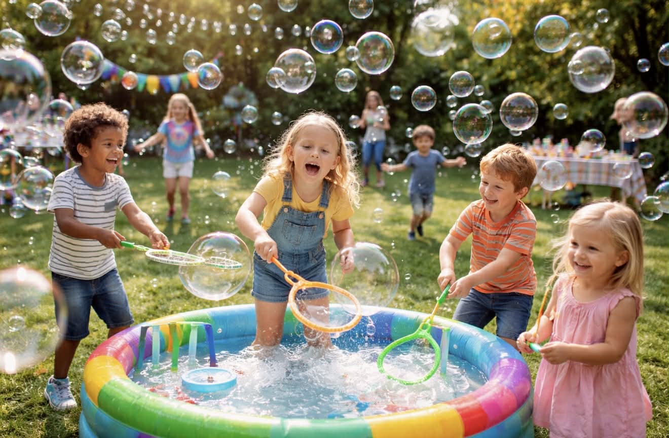 Bubble Party Pool Station Texas - Kids Playing with Bubble Wands at Pool Party in Dallas Houston Austin