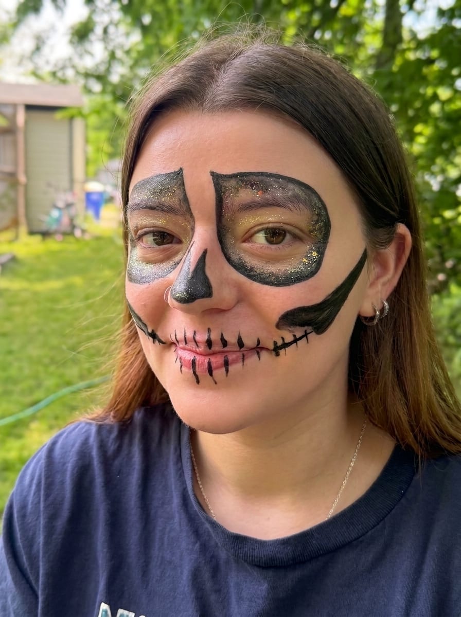 Glitter sugar skull face painting at a Texas party