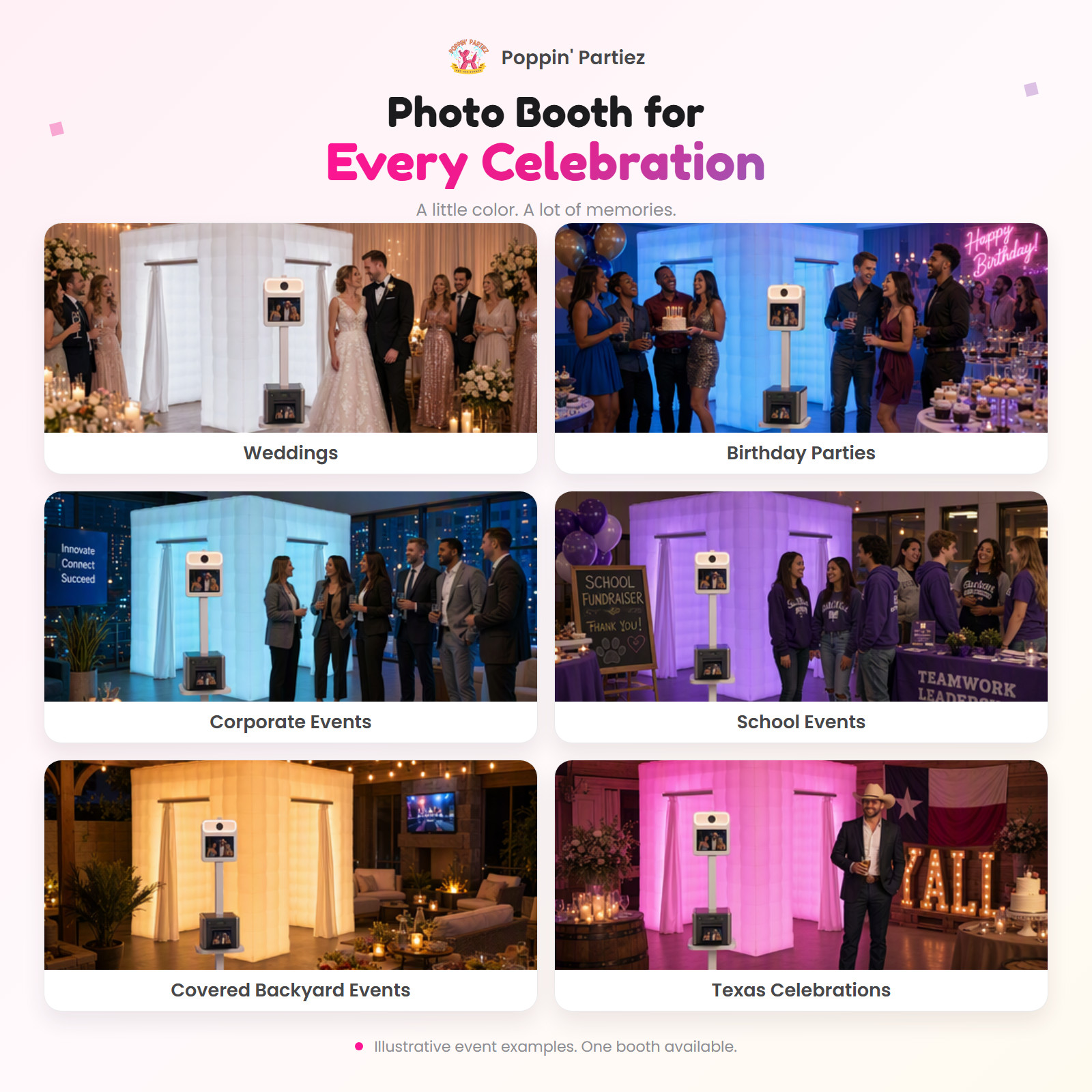 Photo Booth event-style examples for weddings, birthdays, and corporate celebrations