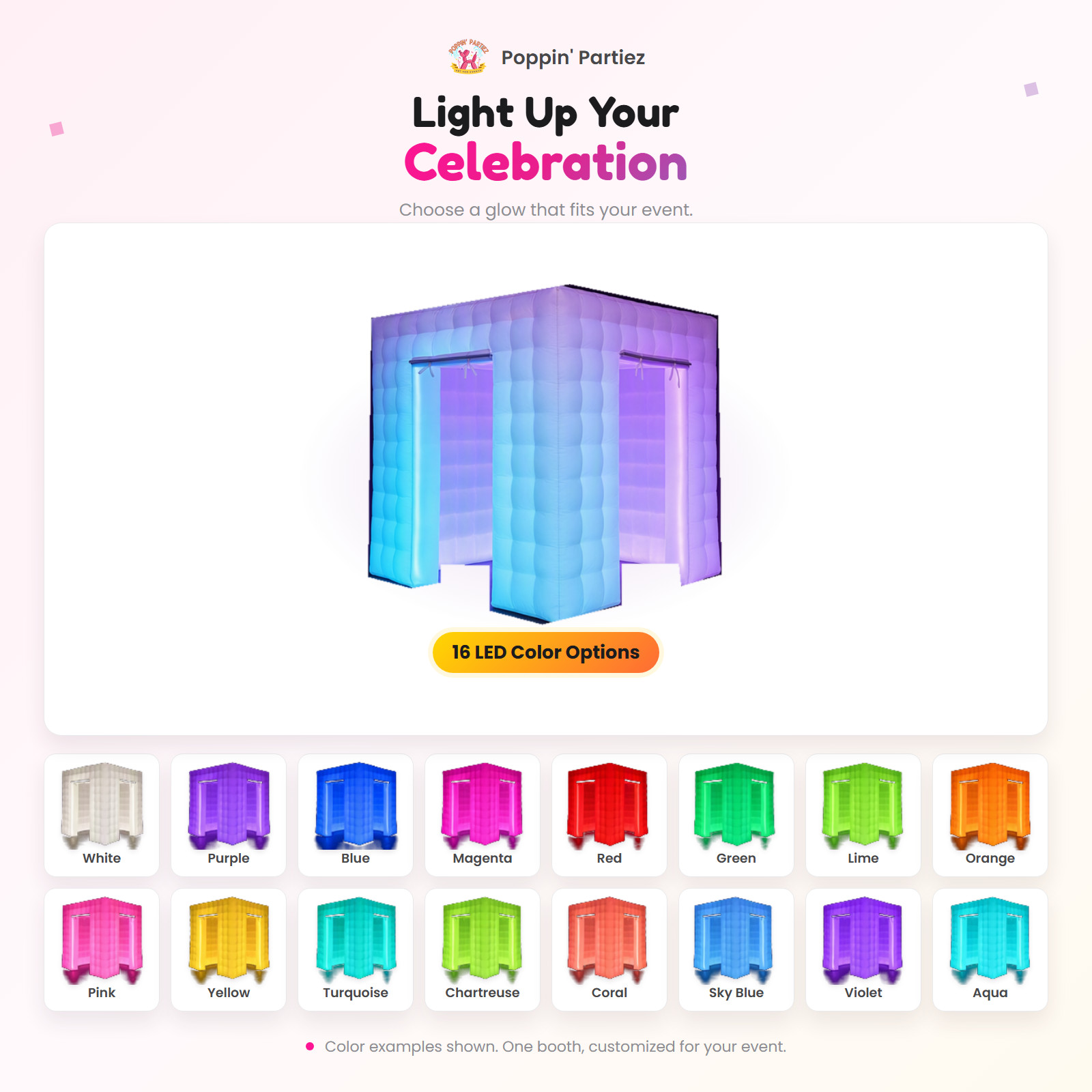 Sixteen colorful Photo Booth lighting examples on a light Poppin Partiez display